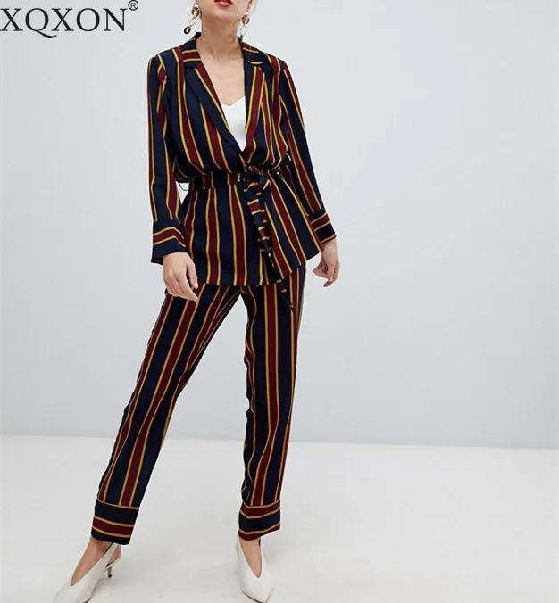 XQXON Women's suits Spring New Fashion Office Style Striped Blazers Jacket striped straight pant suits Two Pieces Set