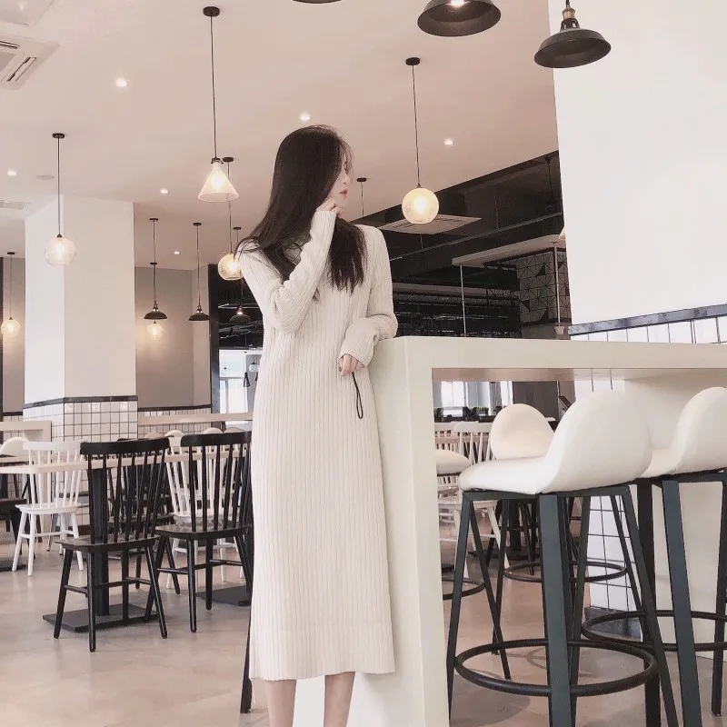 

2019 autumn and winter new Korean version of the half-necked knit dress over the knee sweater dress W56