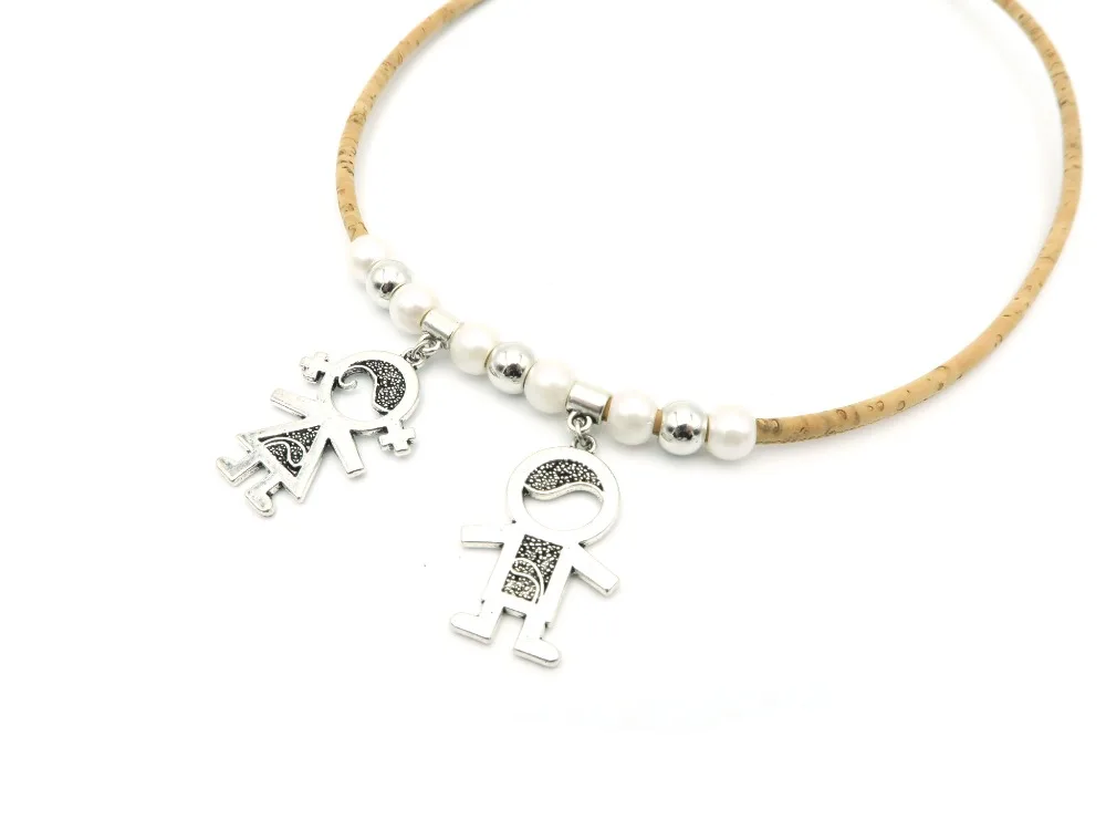 

MB Cork,Boy and girl ,daughter and son cork necklace cute lovely handmade women original necklace N-41