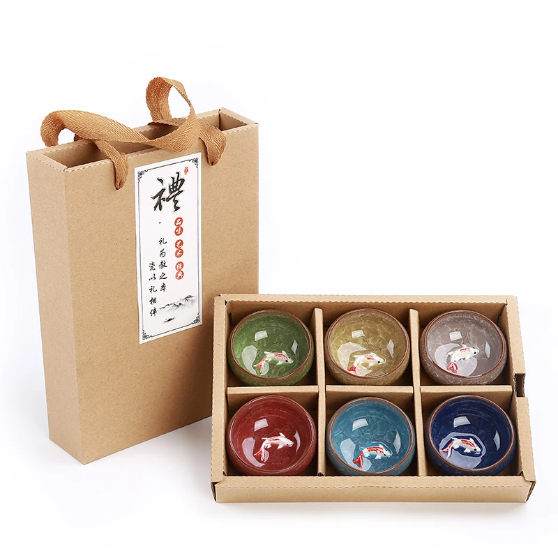 

Gift Package 6pcs 3D Golden Fish China tea cup set,Kung Fu Tea Set Crackle Glaze Travel Tea Bowl Chinese Teacup Sets