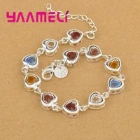 sweet valentines gifts shining 925 sterling silver multicolor cubic zircon stone heart charms women ladies bracelet hot