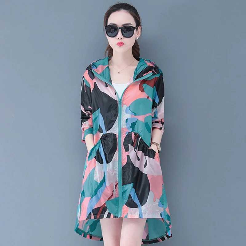 Летняя женская Солнцезащитная одежда с капюшоном 2019 Плюс Размер Печать рубашка