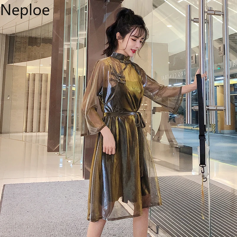 Neploe женский костюм из двух предметов Ретро Slash шеи платья + милый пуловер Drawstring