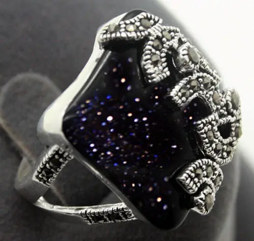 

22X20mm 925 Sterling Silver Blue Gold jade Marcasite Ring Size 7/8/9/10