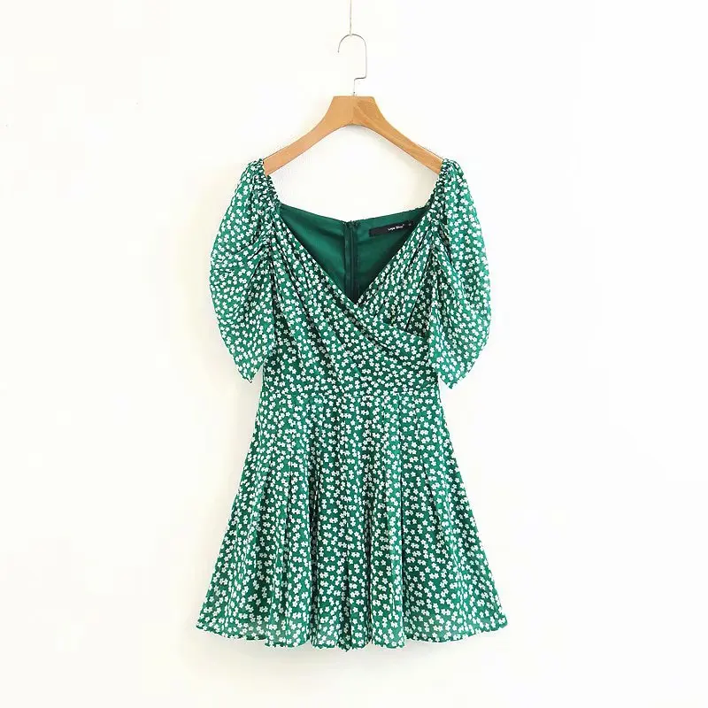 vestidos verano 2018 Summer Women Vintage retro romantic printed chest wrapped holiday puff sleeve mini Dress robe femme dress | Женская