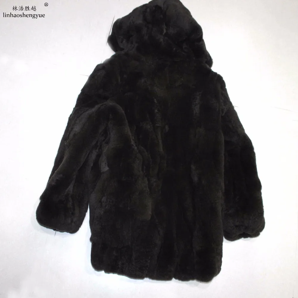 Linhaoshengyue Real Rex Rabbit Fur Women Coat with Hood  Freeshipping