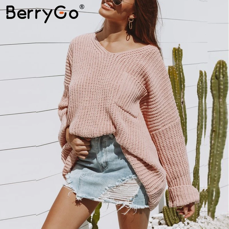 BerryGo Повседневный вязанный женский свитер с карманами v-образный вырез свободный
