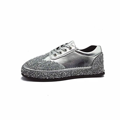 silver flatsC62 Женская обувь; модные кроссовки на шнуровке; стразы; обувь на плоской подошве с блестками; удобная спортивная обувь с круглым носком; повседневная обувь - Цвет: silver flatsC62