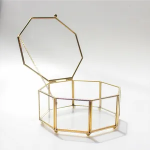 Золотой восемь сторонняя раскладушка коробка ювелирных изделий геометрической формы Стекло комнатный цветок Золотая оправа с восьми-Двусторонняя Стекло геометрический Свадебная шкатулка для украшений