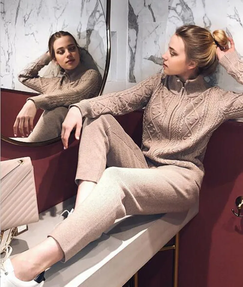 2019 кашемировый вязаный женский спортивный костюм модный Конопляный цветочный