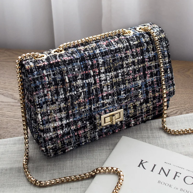 Jollque Women Messenger Gold Chain Cross Handbag Small Flap Shoulder Bags Vintage Clutch Winter Satchel Woolen Crossbody Bag | Багаж и