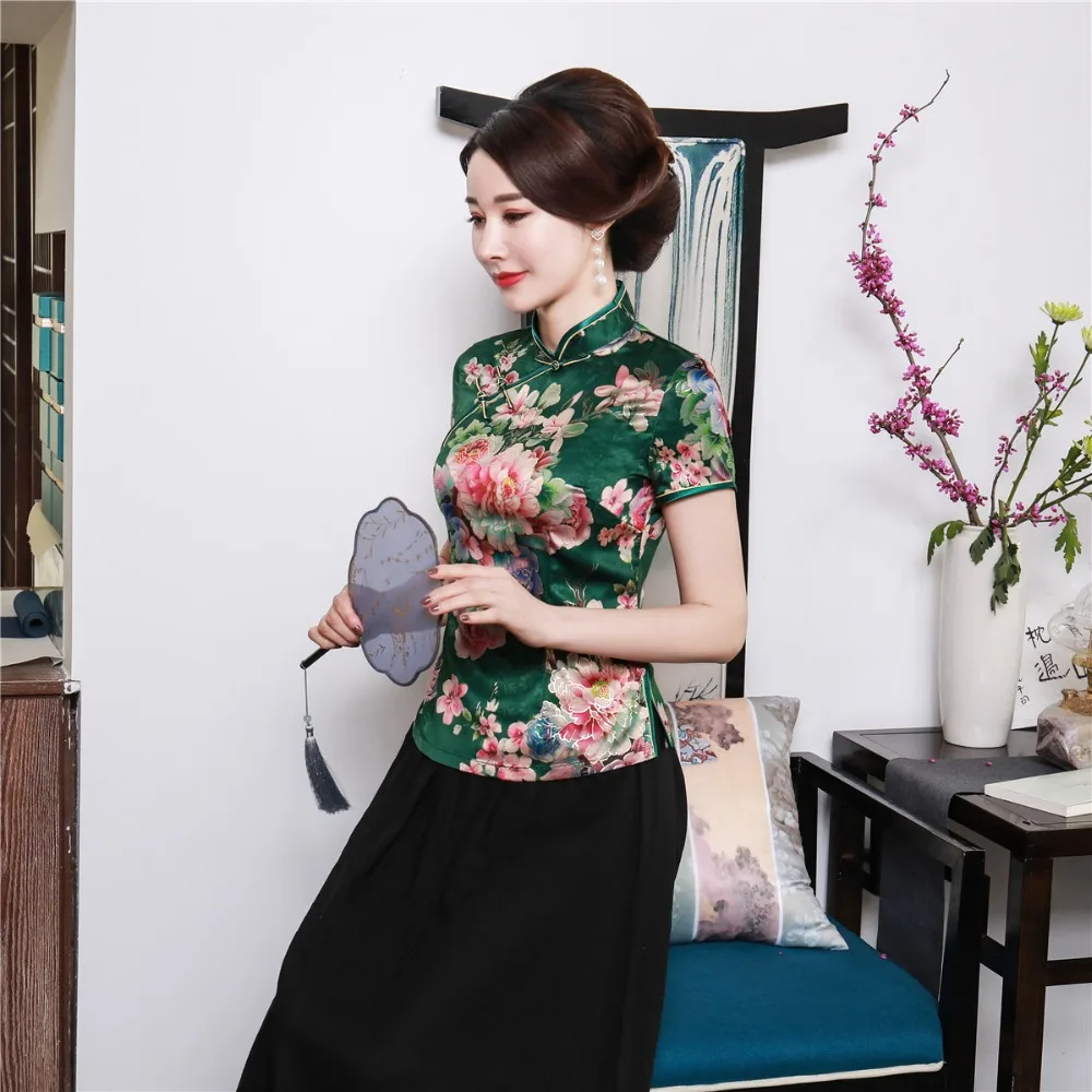 Шанхай история цветочный Cheongsam рубашка Qipao топ с коротким рукавом Китайский традиционный топ из искусственного шелка китайская блузка для женщин