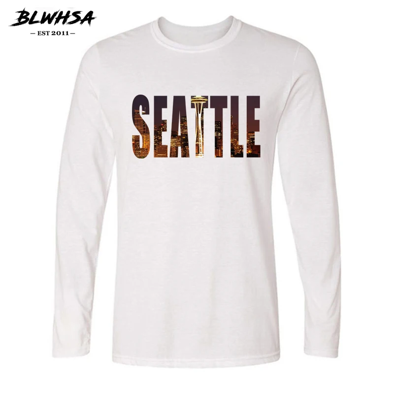 Фото BLWHSA USA City Seattle дизайнерская модная мужская футболка с длинным рукавом и круглым BLWHSA USA City Seattle дизайнерская модная мужская футболка с длинным рукавом и круглым