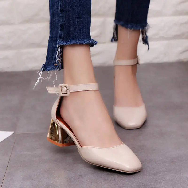 Zapatos mujer; женские туфли-лодочки; женская обувь на толстом каблуке с ремешком на щиколотке; модельные туфли-лодочки с квадратным носком на среднем каблуке; удобная женская обувь; 5 см - Цвет: Бежевый