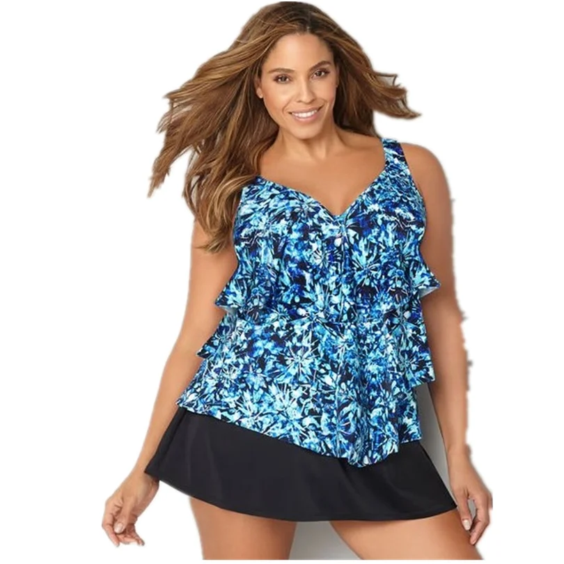 Большой Размеры синяя юбка купальники Для женщин 3 предмета купальник Юбка-брюки