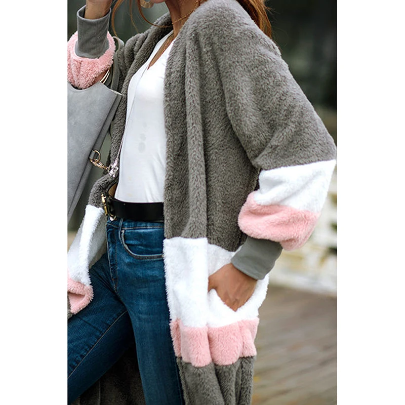 Autumn Women Overcoat Casual Loose Thick Warm Slim Pockets Cardigans Long Sleeve Cardigan Patchwork Color Knit Tops |