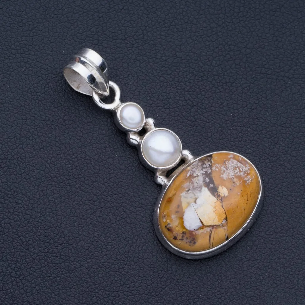 

Natural Brecciated Mookaite and River Pearl Punk Style 925 Sterling Silver Pendant 1 1/2" P0705