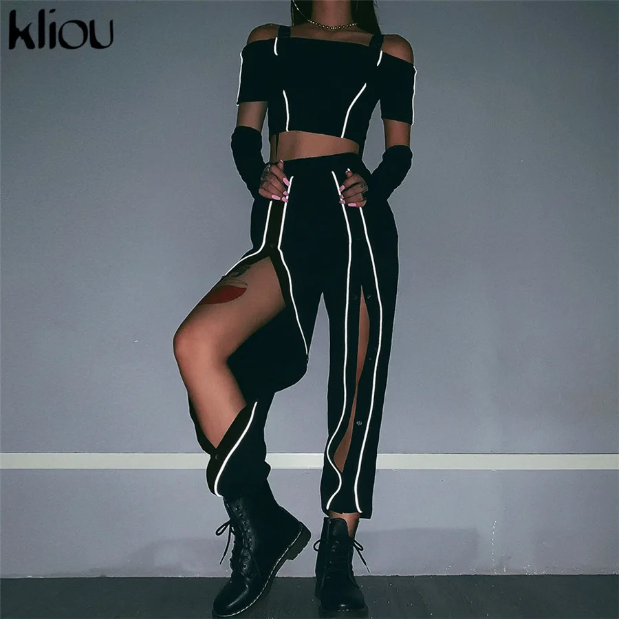 Kliou women casual pants long length hollow out black cargo pants high waist autumn new arrival fashion street trousers