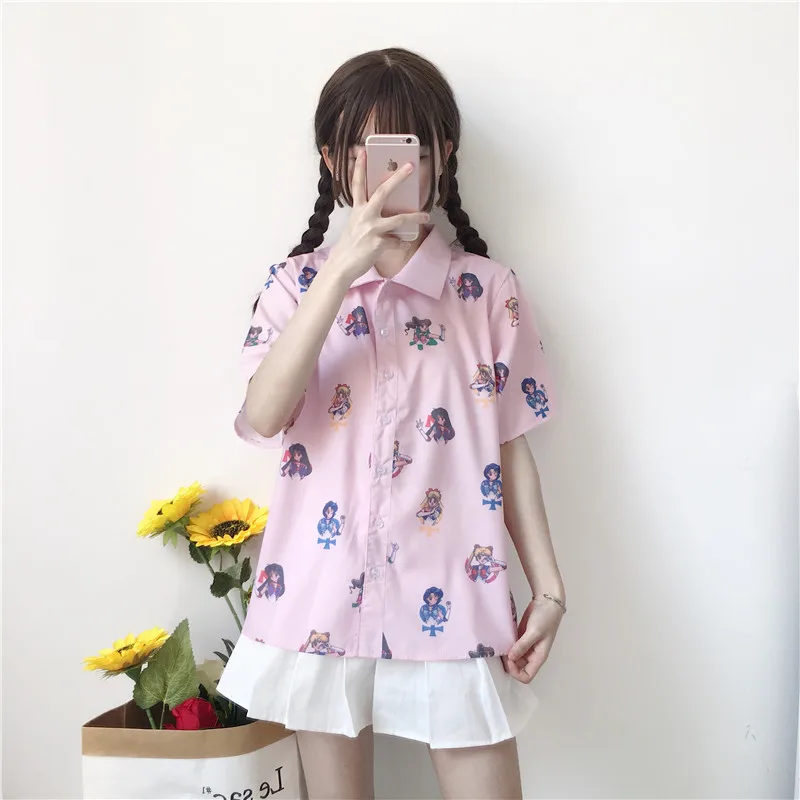 Daddy Chen Blusas Algodon, Ретро стиль, Mujer, розовая рубашка Сейлор Мун, милая мультяшная футболка, женская рубашка на пуговицах, свободная, короткий рукав, Kawaii