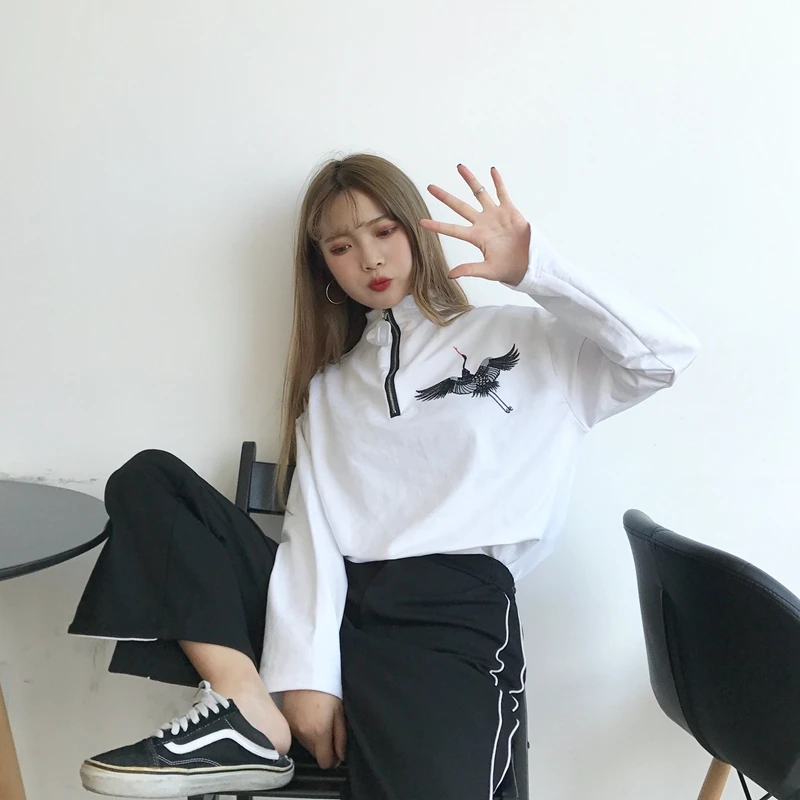 Новая Базовая рубашка Топ Весенняя Корейская Ulzzang Harajuku винтажная вышивка журавлей футболка с длинным рукавом женская футболка на молнии