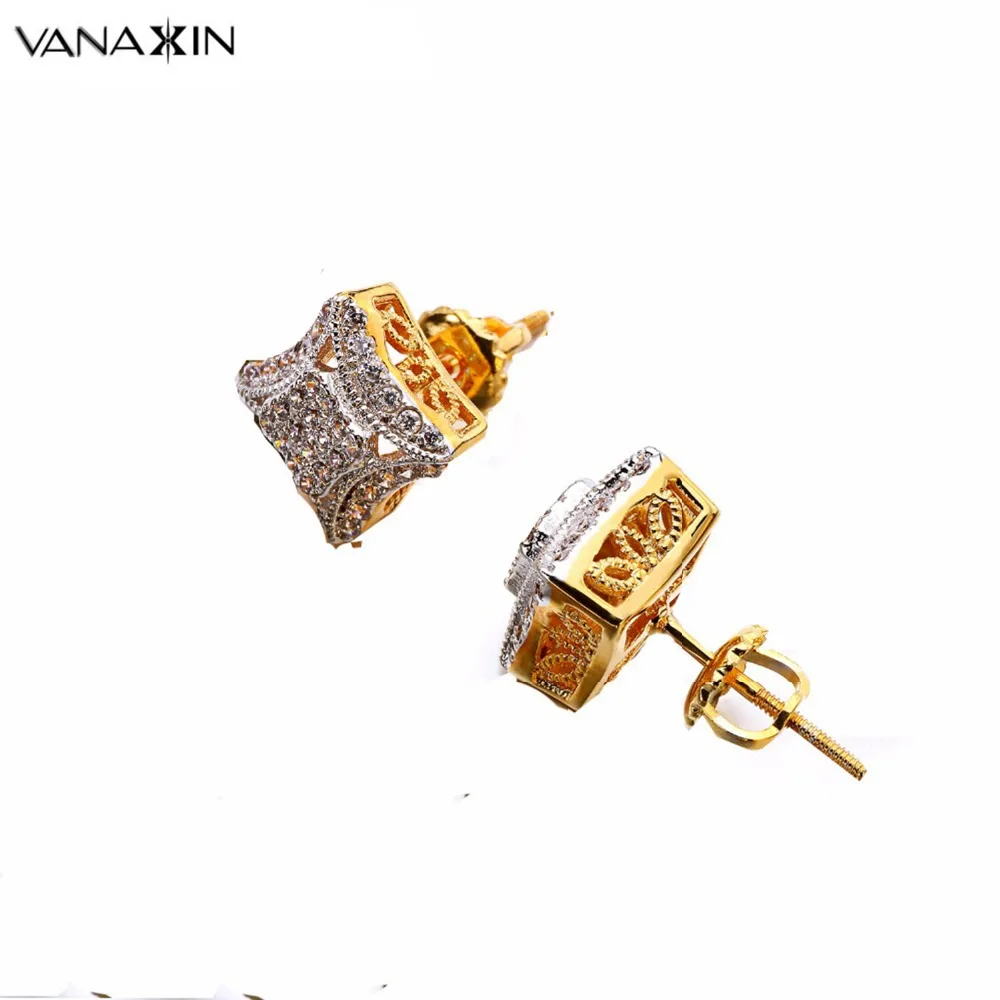 

VANAXIN Earings Fashion Jewelry Gold Rhodium Plated Piercing Square Cubic Zirconia Punk Earrings Stud Earrings For Men Women