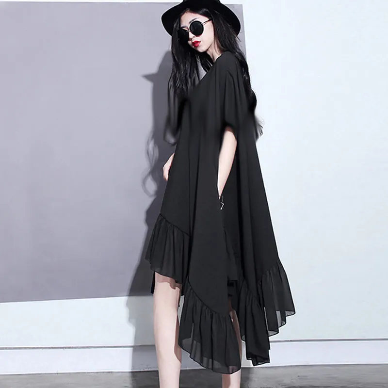 Женское шифоновое платье с листьями лотоса однотонное свободное черного цвета|big