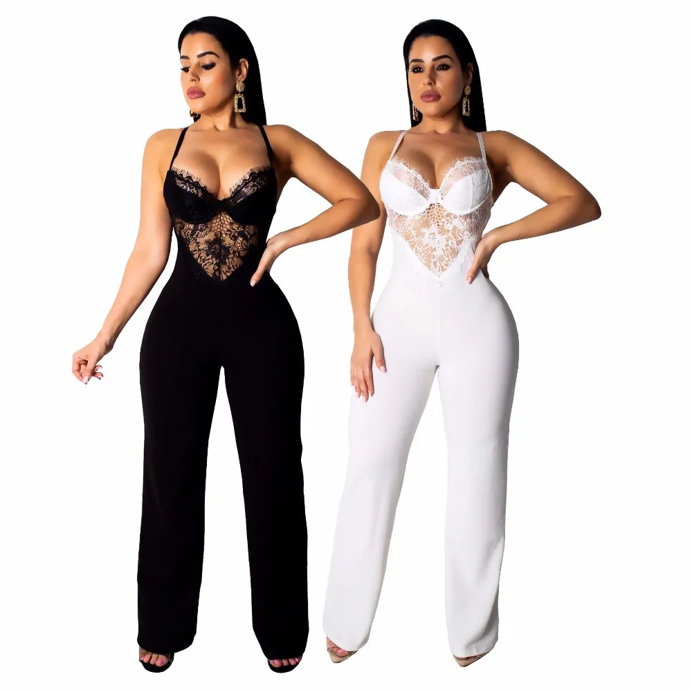 

Women's sexy jumpsuits & rompers with lace at front V-neck causal full length jumpers European and American style hot selling