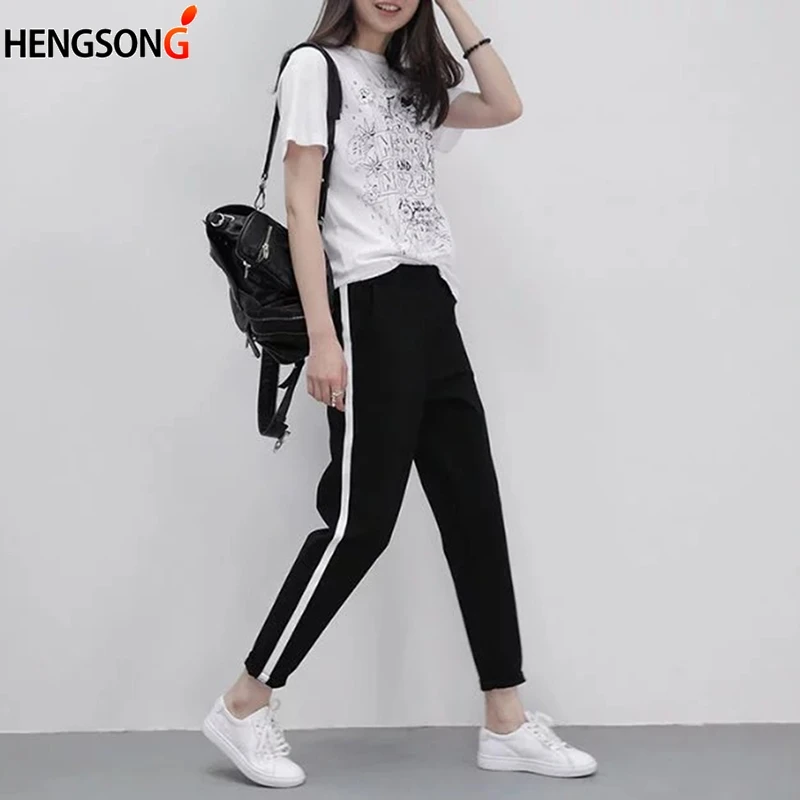 HENGSONG женские брюки черные в полоску тонкие до щиколотки Осенние повседневные