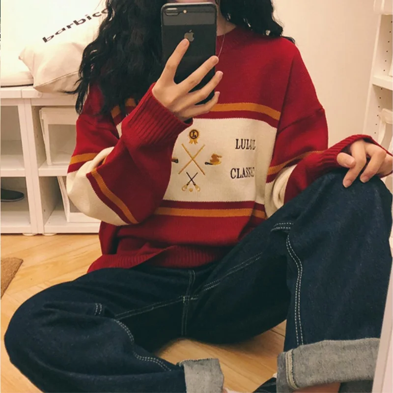 Бургундия Woherb женский корейский Harajuku полосатый свитер женский пуловер Kawaii Ulzzang вышивка джемпер одежда для женщин 22873 - Цвет: Бургундия
