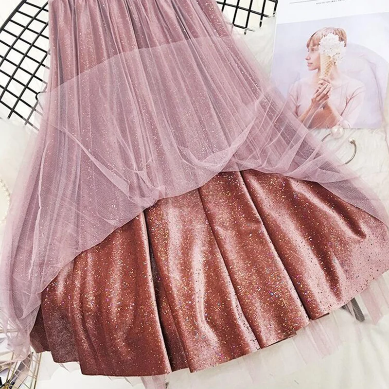 Sequin Velvet Tulle Skirts Women 2018 Autumn Winter Long Korean Elegant High Waist Pleated A-line Blue School Skirt Female | Женская