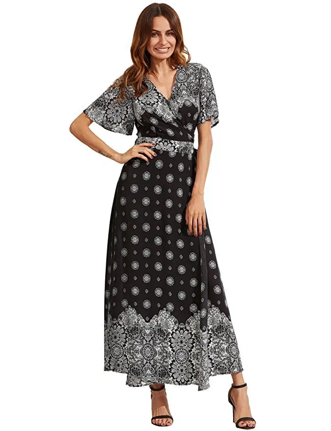 

2019 Spring Summer Beach Dress Women Bohemian Slim Vestidos Mujer Vintage Lantern Sexy Deep V Long Sleeve Printed Party Dress