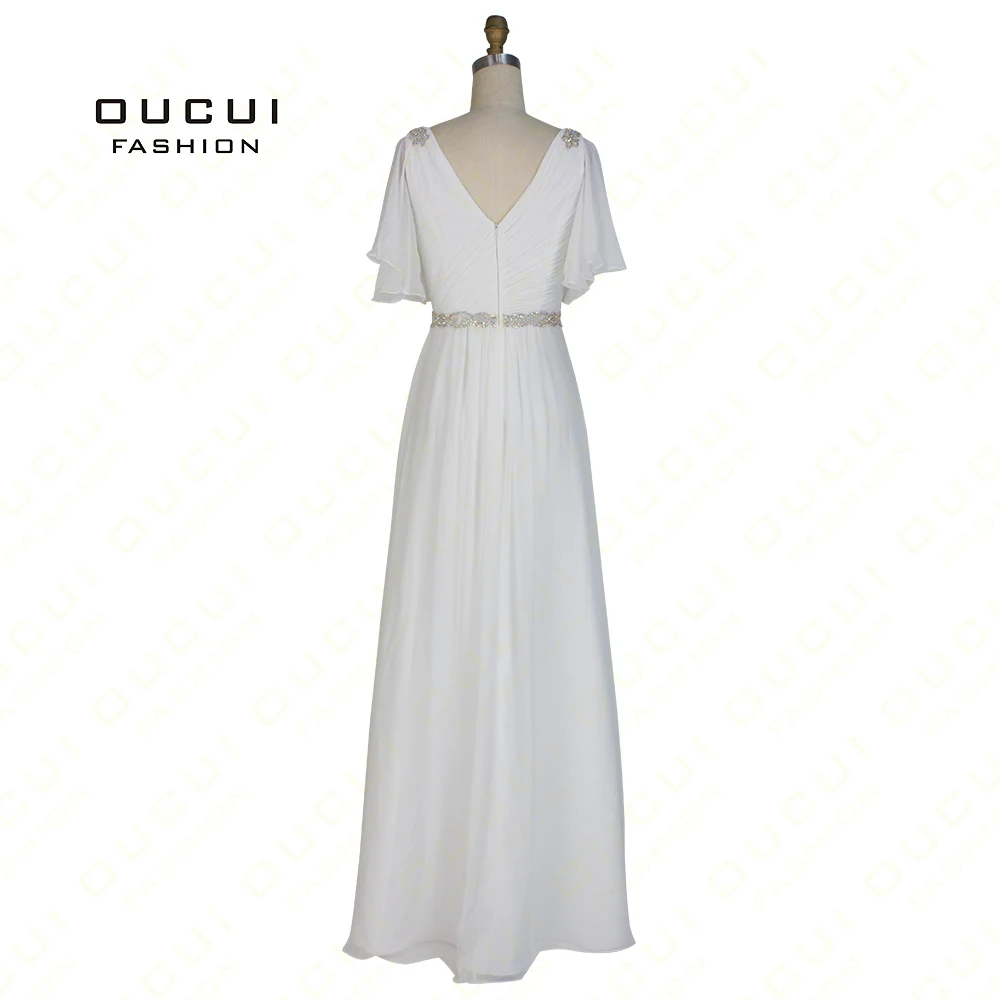 Real Photos Beaded Belt Handmade Chiffon A Line Long Evening Dress Pleat White dress Shoulder Crystal OL102852 | Свадьбы и торжества