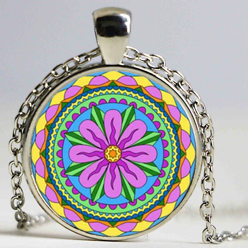 fashion mandala necklaces &amp pendant colorful henna yoga necklace dome glass cabochon jewelry om symbol buddhism zen | Украшения и