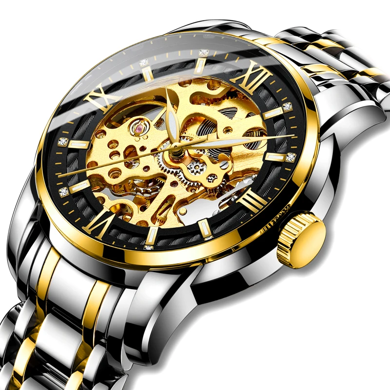 

BIDEN Luxury Men Unique Skeleton Number Design Automatic Mechanical Watch Classic Stainless Steel Strap Male Clock Montre Homme