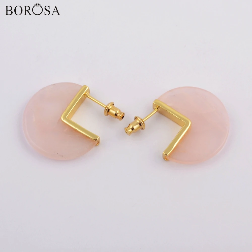 Ювелирные изделия BOROSA, 5 пар, позолоченные серьги-гвоздики из натурального розового кварца, прозрачные натуральные розовый кристаллический...