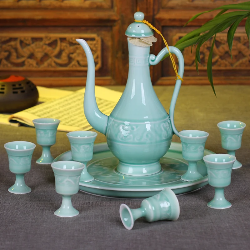 

10PCS/Lot Vintage Wine Ware Set Drinkware Liqueur Cup Sake Pot Kettle Teacup Goblet Gift Box