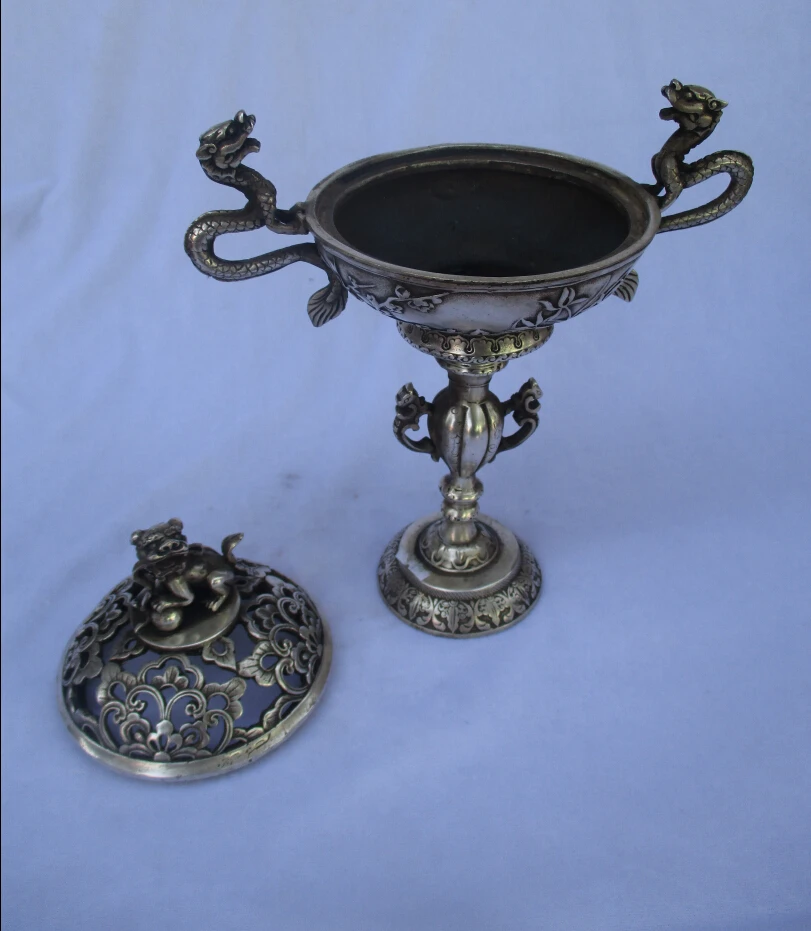 Курильница из тибетского серебра с 2 драконами 0008 | Дом и сад
