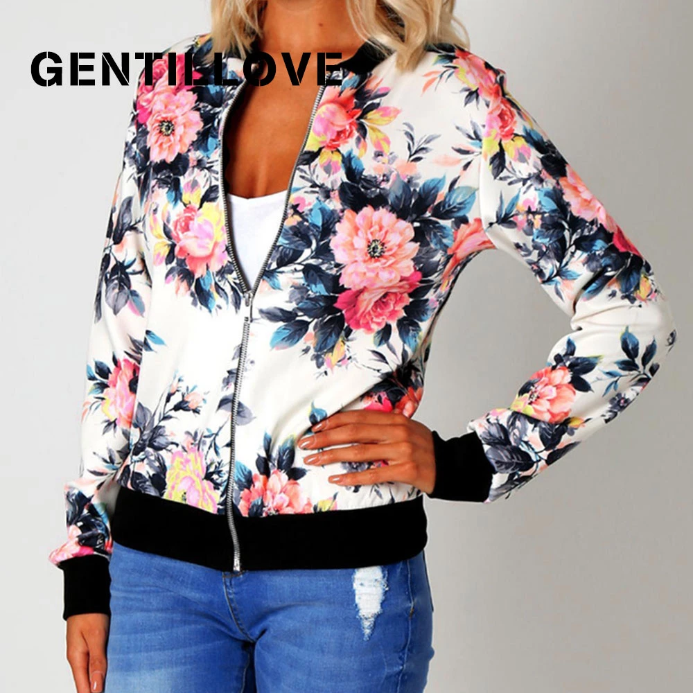 Gentillove Women Autumn Retro Floral Print Zipper Short Casual Jacket Long Sleeve Outwear Basic Jacket Bombe Famale Oversized