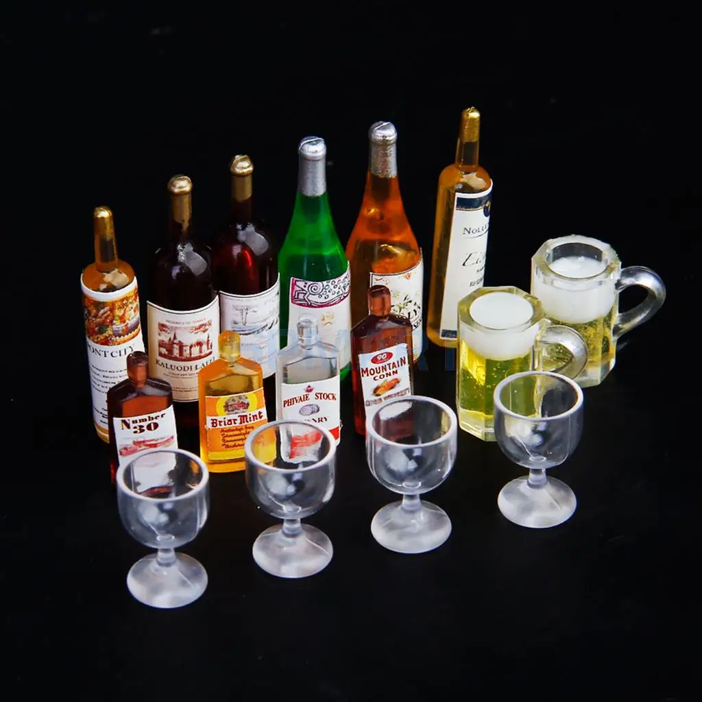 New 2015 Brand New 12pcs Wine Drink Whisky Bottles, Goblets, Beer Cups Dollhouse Miniature Pub Shop