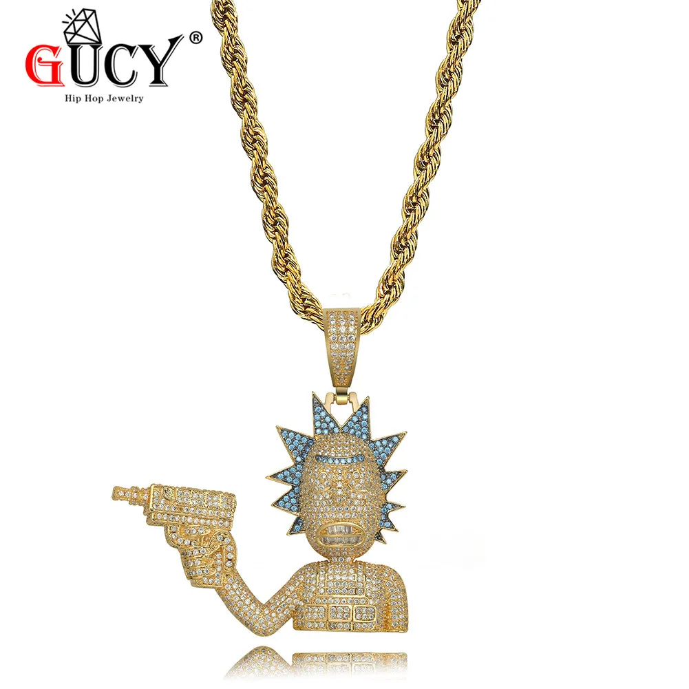 GUCY Рик и Морти кулон ожерелье все Iced Out Micro Pave кубического циркония мужские хип хоп ювелирные изделия Позолоченные талисманы подарок