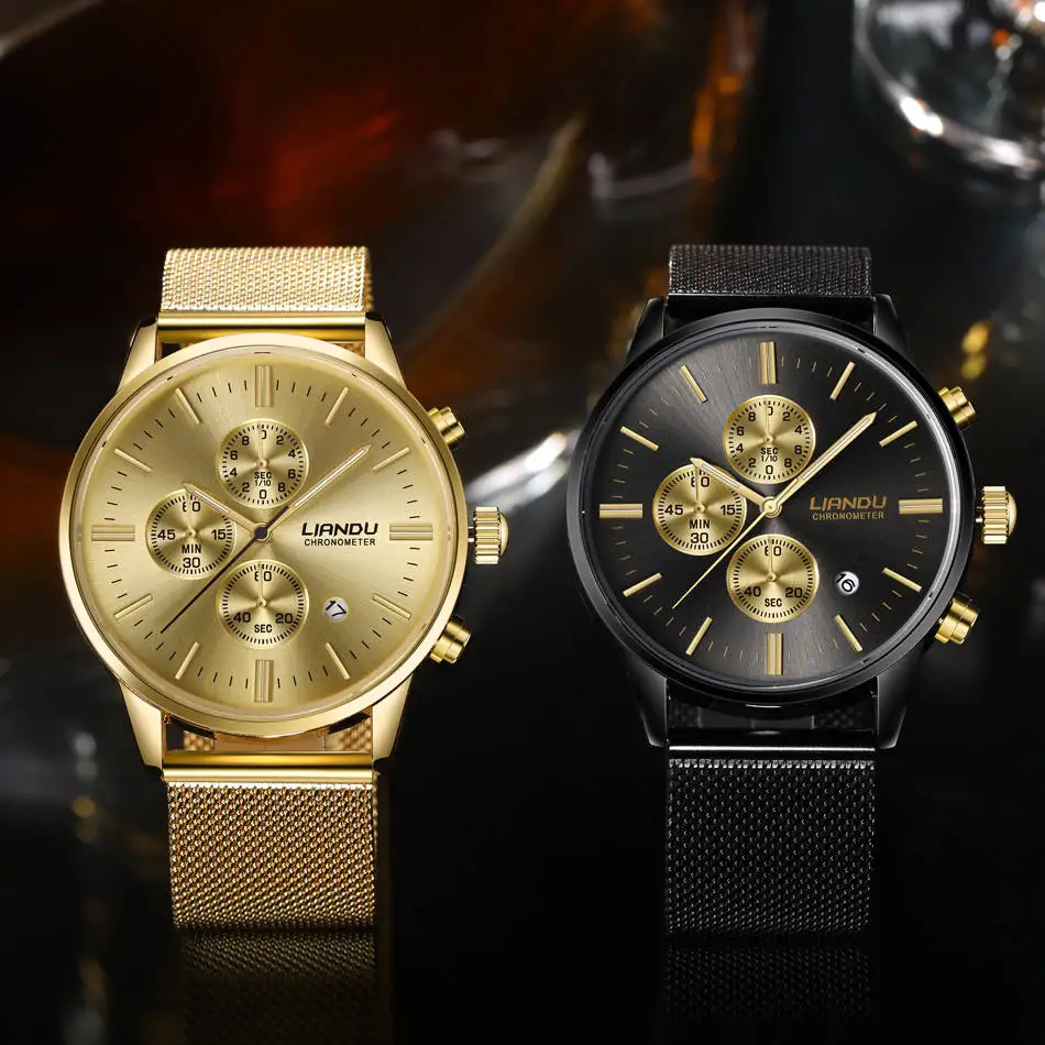 Модные мужские Роскошные светящиеся черные кварцевые часы LIANDU с хронографом и
