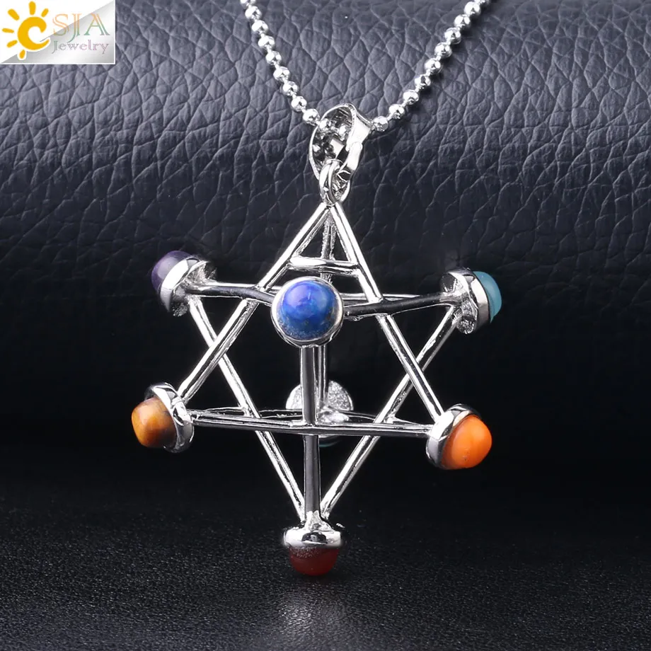 CSJA Merkaba Chakras подвески из натурального камня рейки 7 Ожерелье «чакра» Исцеление полые звезда точка женщины мужчины ожерелье маятник F766