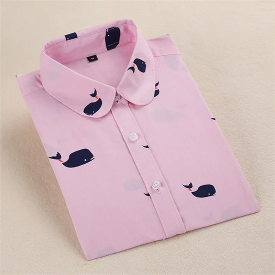 Dioufond, женская блузка, хлопок, Blusas, длинный рукав, размера плюс, для девушек, топ, Femme, милый рисунок, отложной воротник, женская рубашка, мода - Цвет: Lpinkwhale