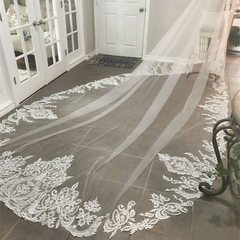 

3M 1Layer Custom Made Ivory White Wedding Veil Lace Appliqued Edge Veils Cathedral Length Bridal Accessories With Comb