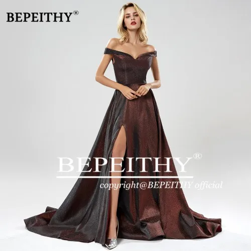 Бургундия BEPEITHY Robe De Soiree длинное вечернее платье с открытыми плечами, элегантные вечерние платья с разрезом, блестящее сексуальное платье для выпускного вечера - Цвет: Бургундия