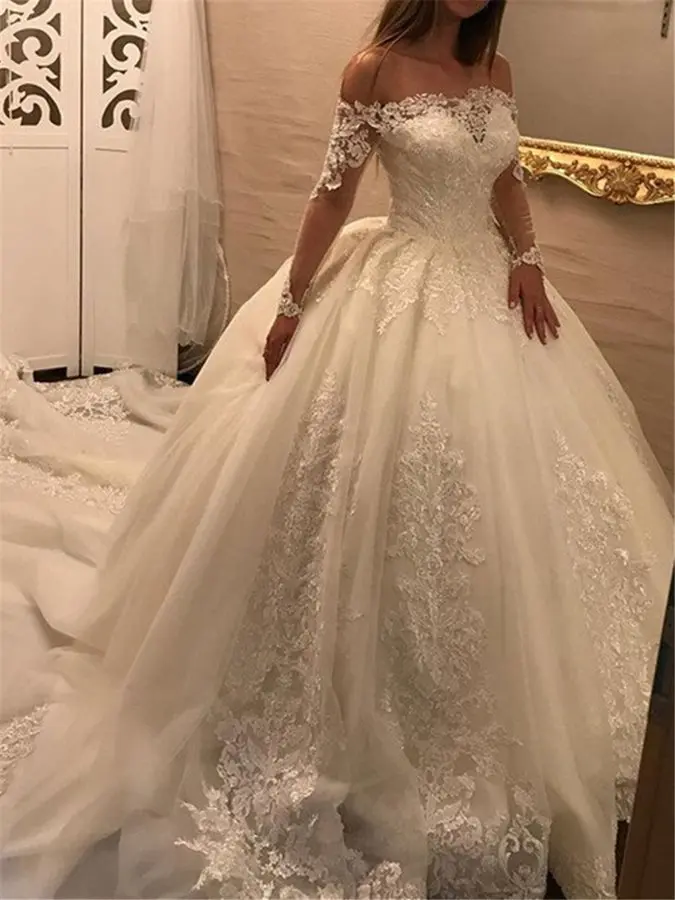 

ANTI Robe de mariage Ball Gown Wedding Dress 2019 Long Sleeve Tulle Off-the-Shoulder Luxury Beaded Bridal Dress Vestido de Novia
