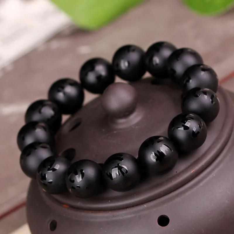 Прямая доставка натуральный обсидиановый браслет резьба Лаки амулет Ом Мани