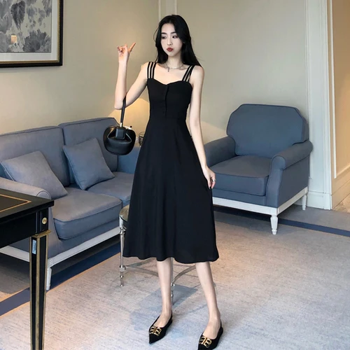Hong Kong-style retro off-the-shoulder waist slim slimming women's Hepburn black strap dress | Женская одежда
