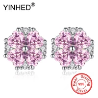 yinhed romantic heart four leaf clover stud earrings 925 sterling silver pink cubic zirconia wedding jewelry for women ze080