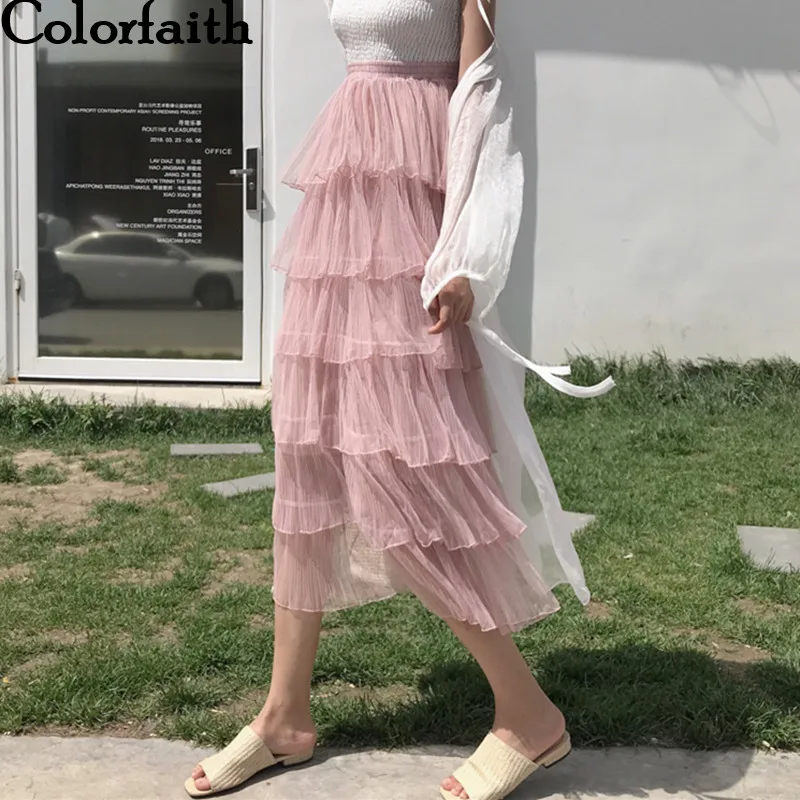 

Colorfaith Новинка 2022, винтажная сетка с высокой талией, розовая многослойная плиссированная Корейская балетная пачка, элегантная женская длинн...